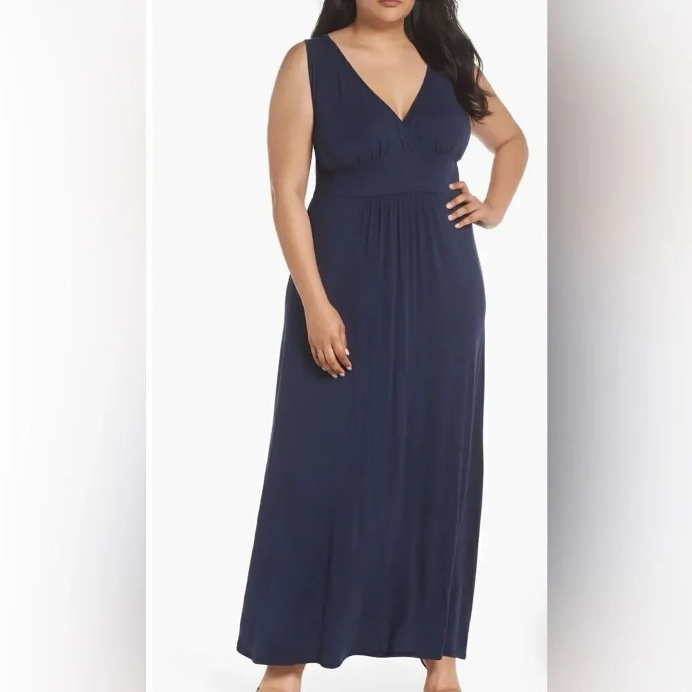 Loveappella V-Neck Midnight Navy Surplice Jersey Babydoll Maxi Dress M